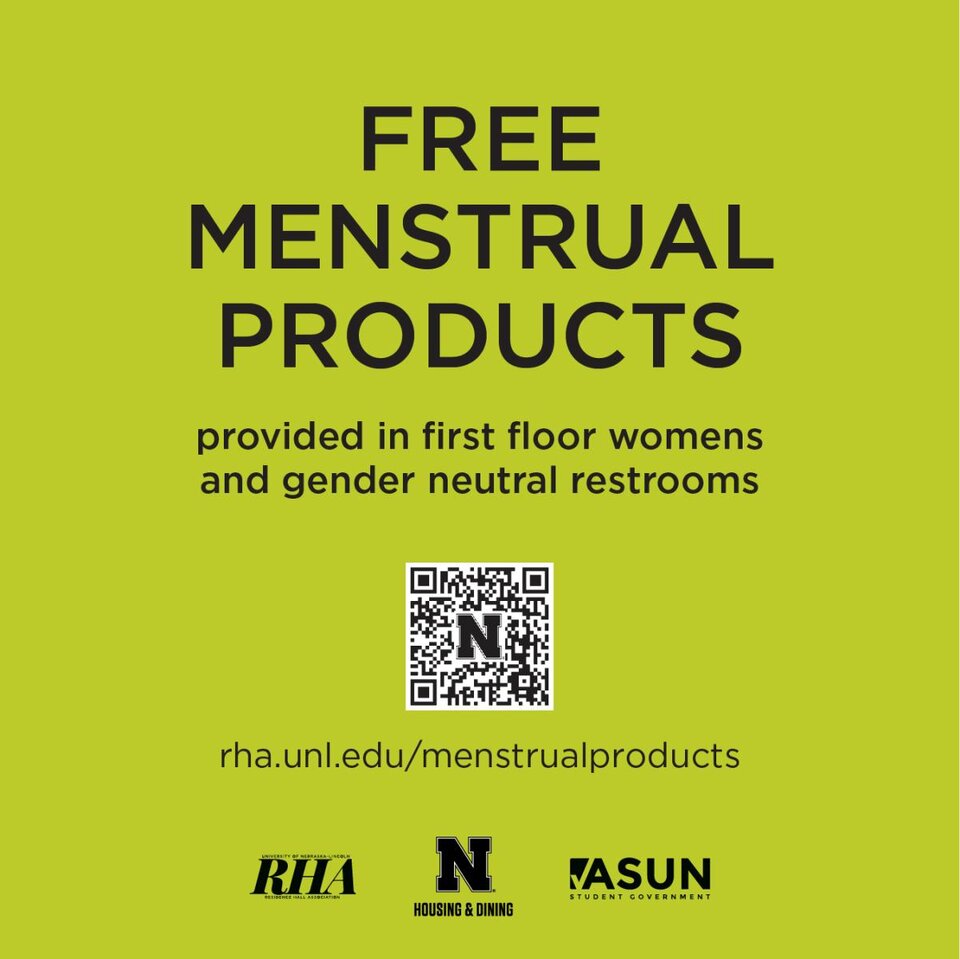 A sign reading Free Menstrual Products provided in first floor womens and gender neutral restrooms